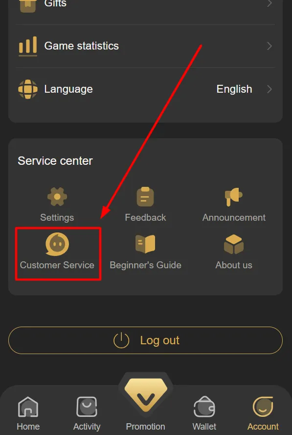 Customer Service option visible and clickable on the screen